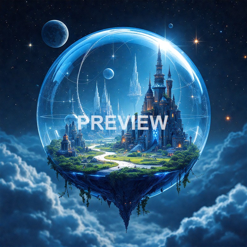 A fantastical floating island with a sprawling medieval-style castle enclosed in a transparent bubble, set against a starry night sky with planets and cosmic elements.